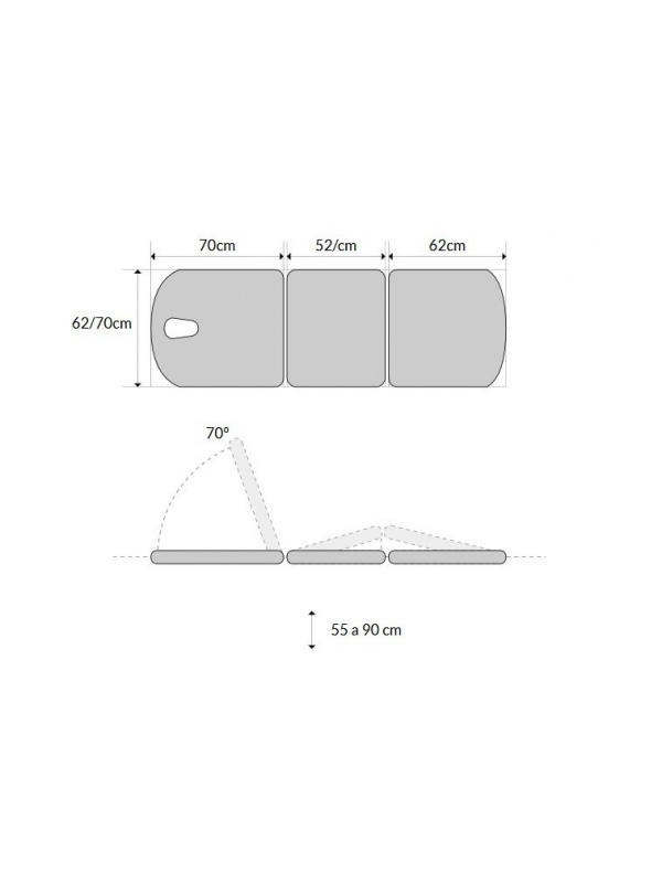 Camilla hidráulica de 3 secciones con pliegue/articulación central, ruedas, portarrollos y tapón facial