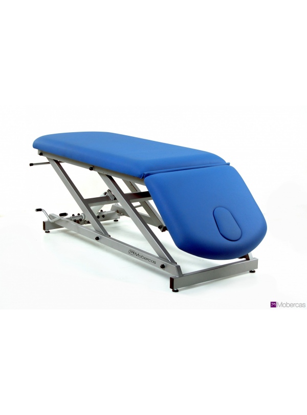 Camilla de reconocimiento hidráulica de 2 secciones con portarrollos, ruedas y tapón facial.