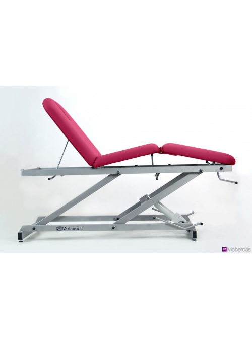 Camilla hidráulica de 3 secciones con pliegue/articulación central, ruedas, portarrollos y tapón facial